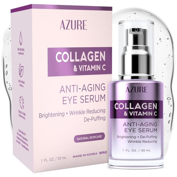 AZURE Collagen & Vitamin C Anti Aging Eye Serum - Toning, De-Puffing & Brightening Serum - Reduces Wrinkles, Fine Lines & Dark Circles - Minimizes Fatigue - Skin Care Made in Korea - 30mL / 1 fl.oz.