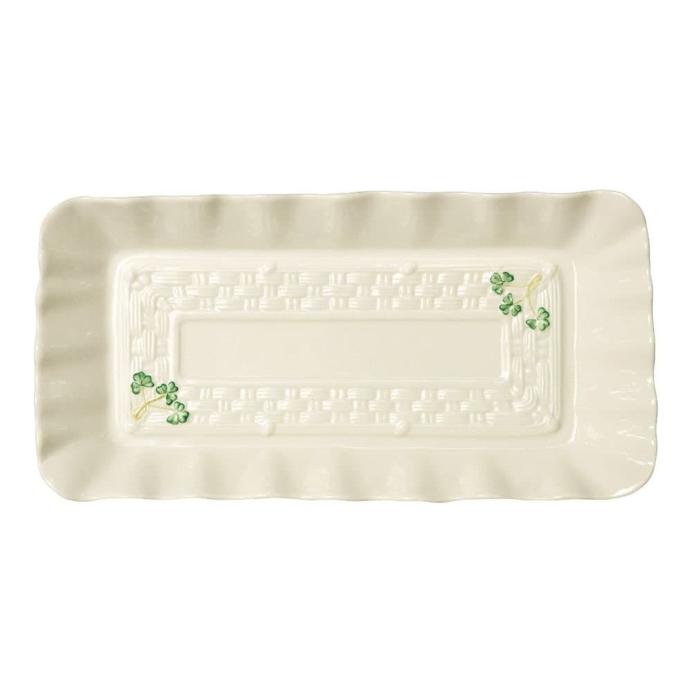 BelleekClassic Pottery White Tray with Painted Green Shamrocks 12.6 Inch