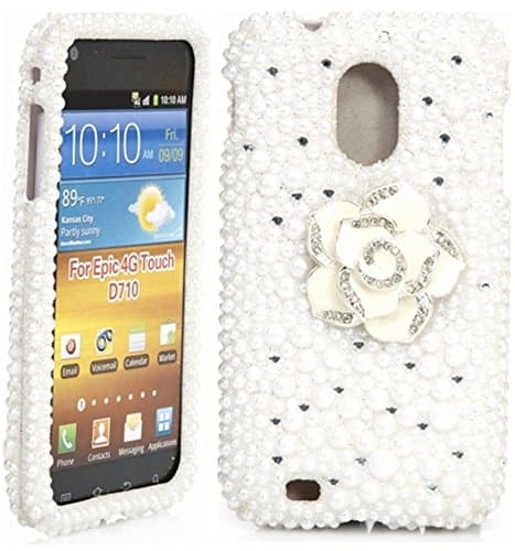 iSee Case Galaxy S2 Case, 3D Pearl Bling Glitter Rhinestone Crystal Full Cover Case for Sprint Samsung Galaxy S II S2 Epic Touch 4G SPH-D710 (D710-3D White Pearl) (White Flower)