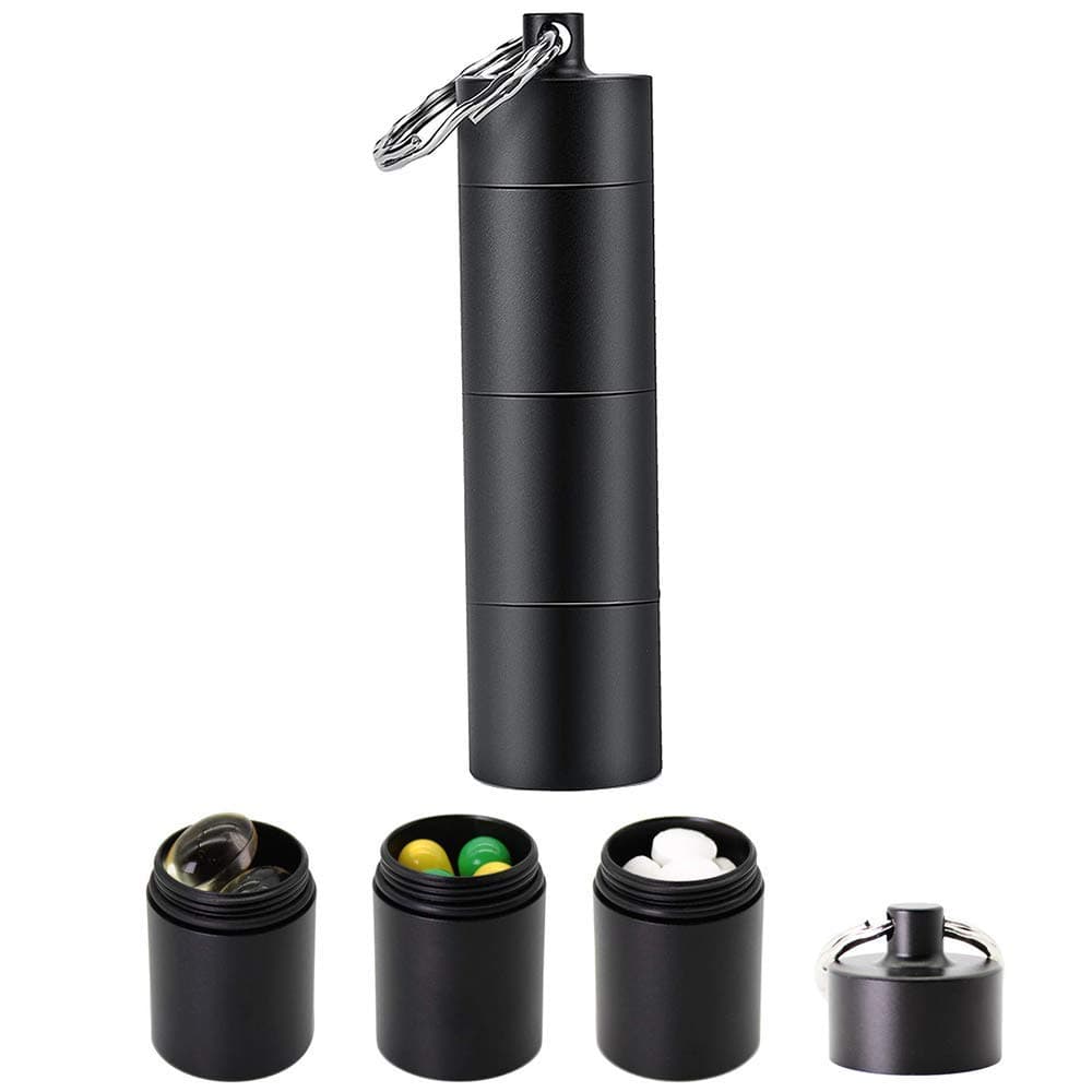 Portable Pill Case Keychain, 3 Compartment Pure Metal Waterproof Sealed Pill Boxes and Organizer for Purse Outdoor Travel Camping First Aid Daily Pill Bottle Container (Black)