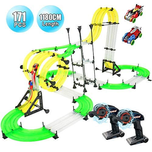 Elec3 RC Car Race Track Set, Racing Track Car Toys, 1180cm DIY Double Rail Car Race Track Set, 2 Cars, 2 Hand-Operated Controllers, 3D Super Track Car Playset for Birthday Party Festival Gift