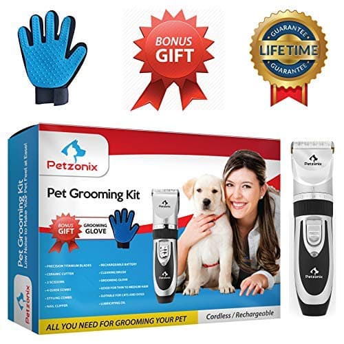 Petzonix Pet Grooming Kit | Set Includes Detangler Comb, Deshedding Glove, Nail Clippers & Hair Scissors for Dogs & Cats | Cordless & Rechargeable Professional Trimmer for Short, Medium & Long Fur