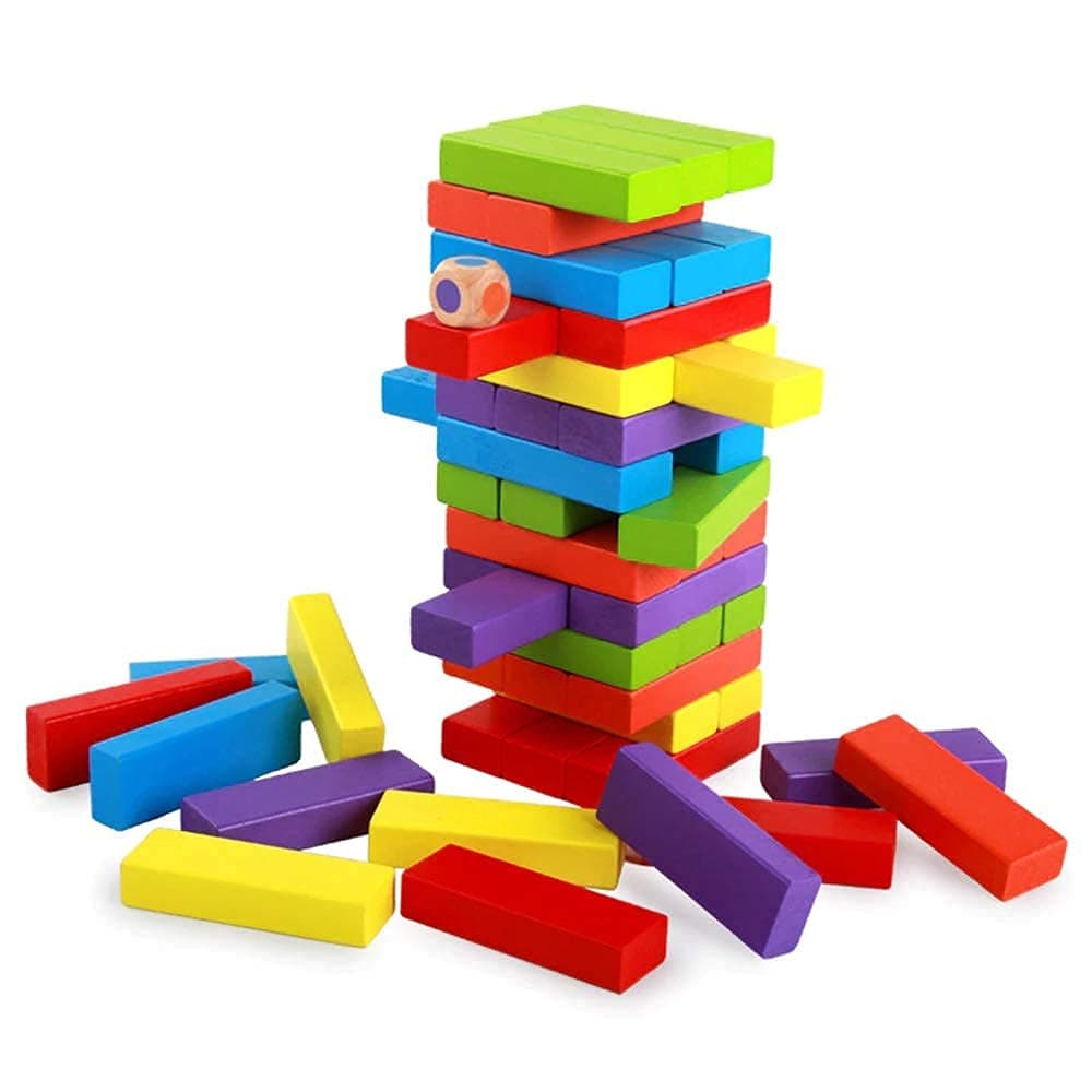 Colour Wooden Blocks Timber Tower Tumbling Game for Kids and Adults,Game Traditional Blocks Truth Everyone 48 Wooden Blocks with 4 Dices Game