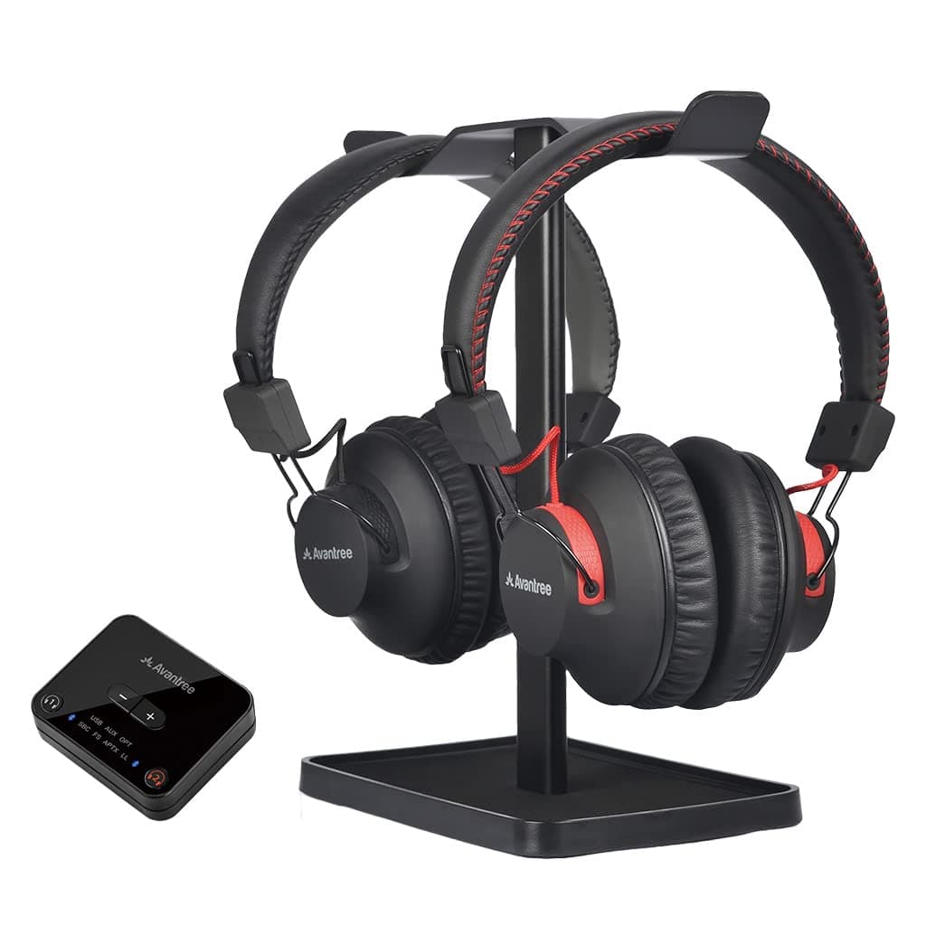 HT41899 Dual Bluetooth 5.0 Wireless Headphones for TV Watching (Set of 2) with Transmitter (Optical AUX RCA) & Headset Stand, Individual Volume Control, 40Hrs Playtime, Plug n Play, No Delay