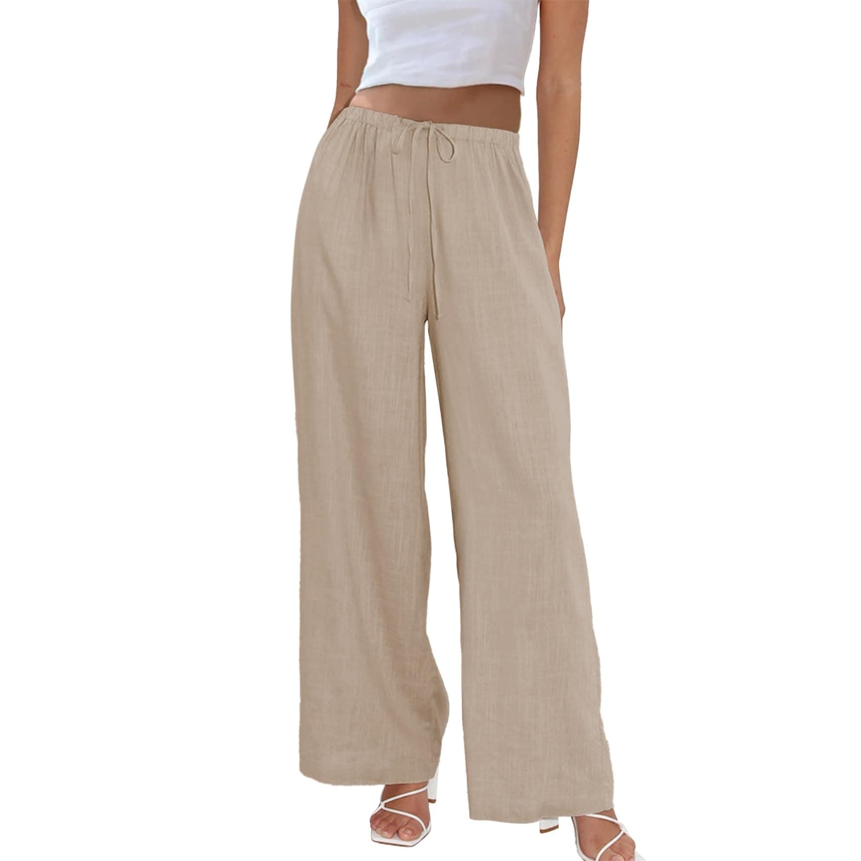 Womens Cotton Linen Palazzo Pants Drawstring Elastic Waist Casual Wide Leg Trousers with Pockets