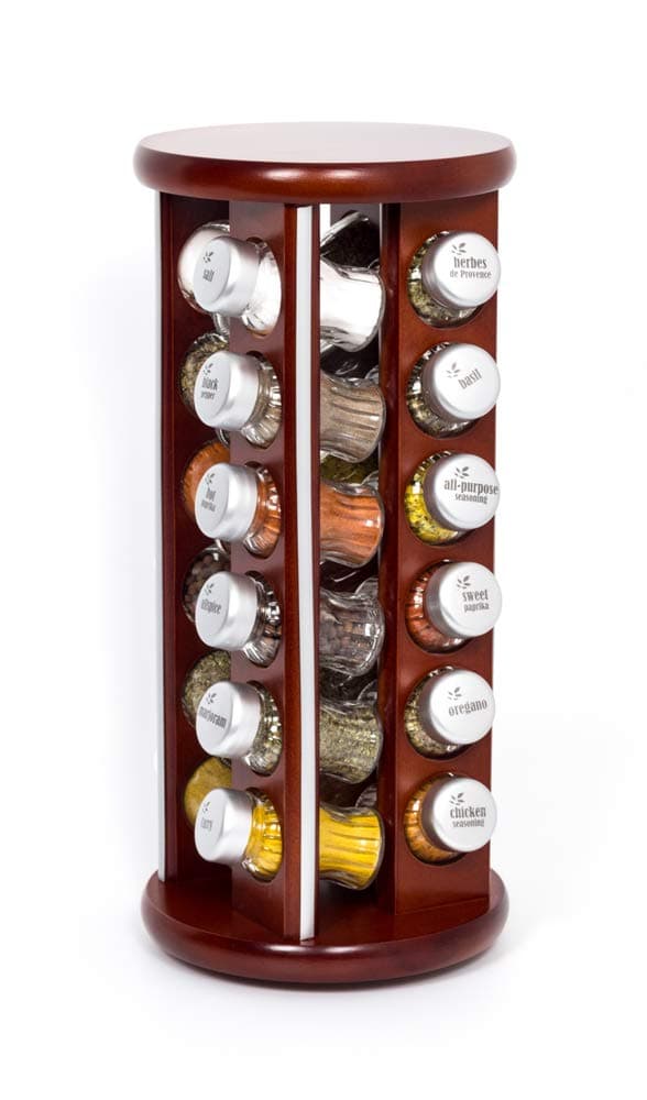 Revolving, Rotating Spice rack set, 24 glass spice jar holder filled with herbes and spices, wooden kitchen storage rack, 24 GALD brown satin