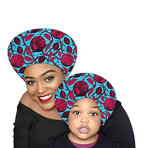 African Show Ankara Seeping Cap Bonnet Satin Lined Bonnets Wax Print Fabric Bonnets for Women/Girls(2 Caps;1 Big and 1Small) (Purple)