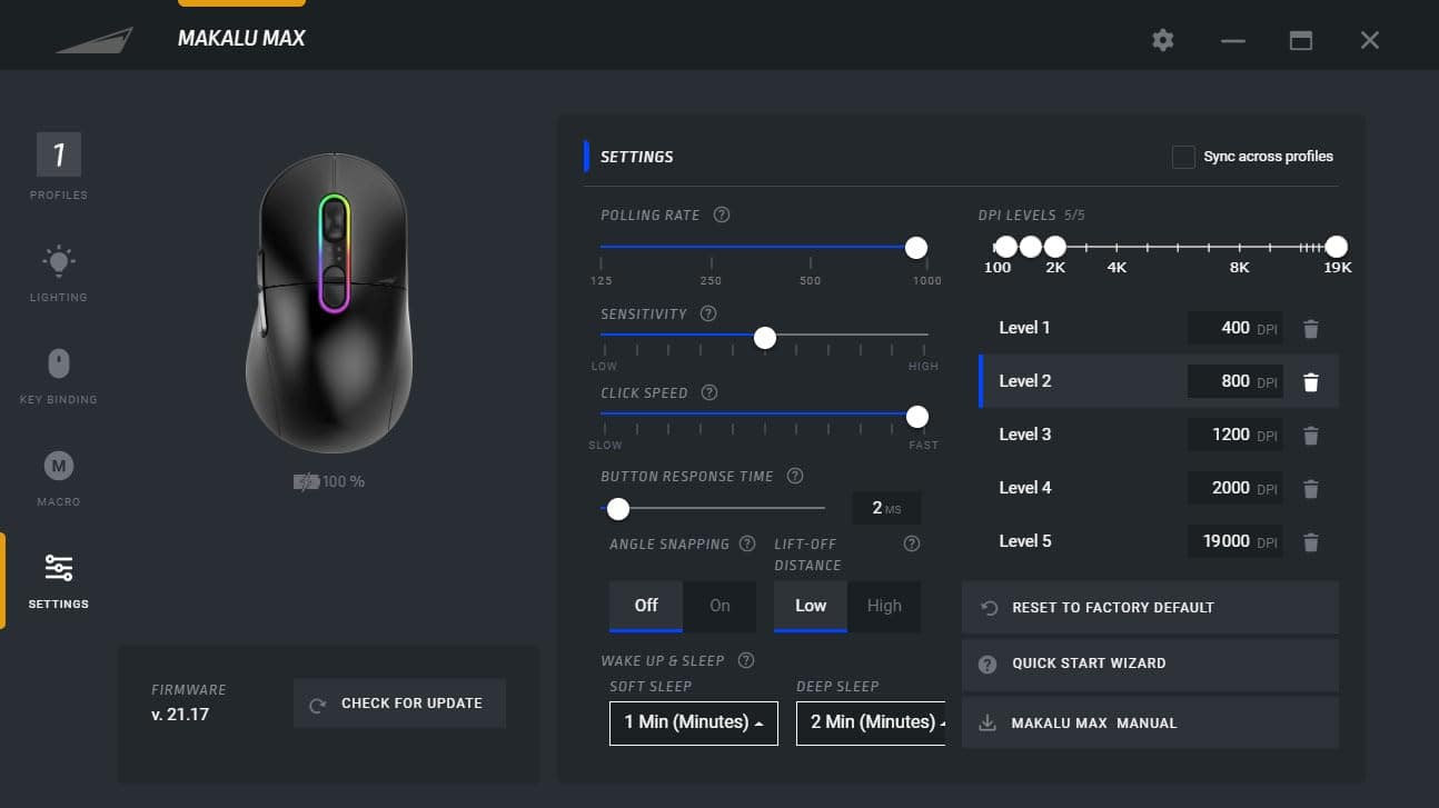 Mountain Makalu Max Mouse - with Modular Side Grips, RGB Illumination, Gravity Control System, PixArt 3370 Sensor and Hybrid connectivity, Black
