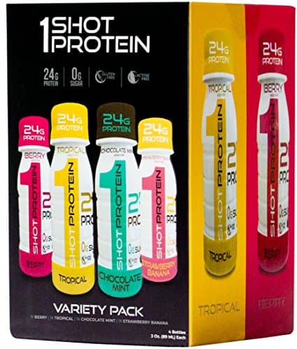 1Shot Protein, 2 Flavor Variety Pack, 24g Protein in a Pocket-Sized Shot, 0g Sugar, 96 Cals, Gluten-Free, Lactose-Free, 3 Fl Oz (Pack of 4)