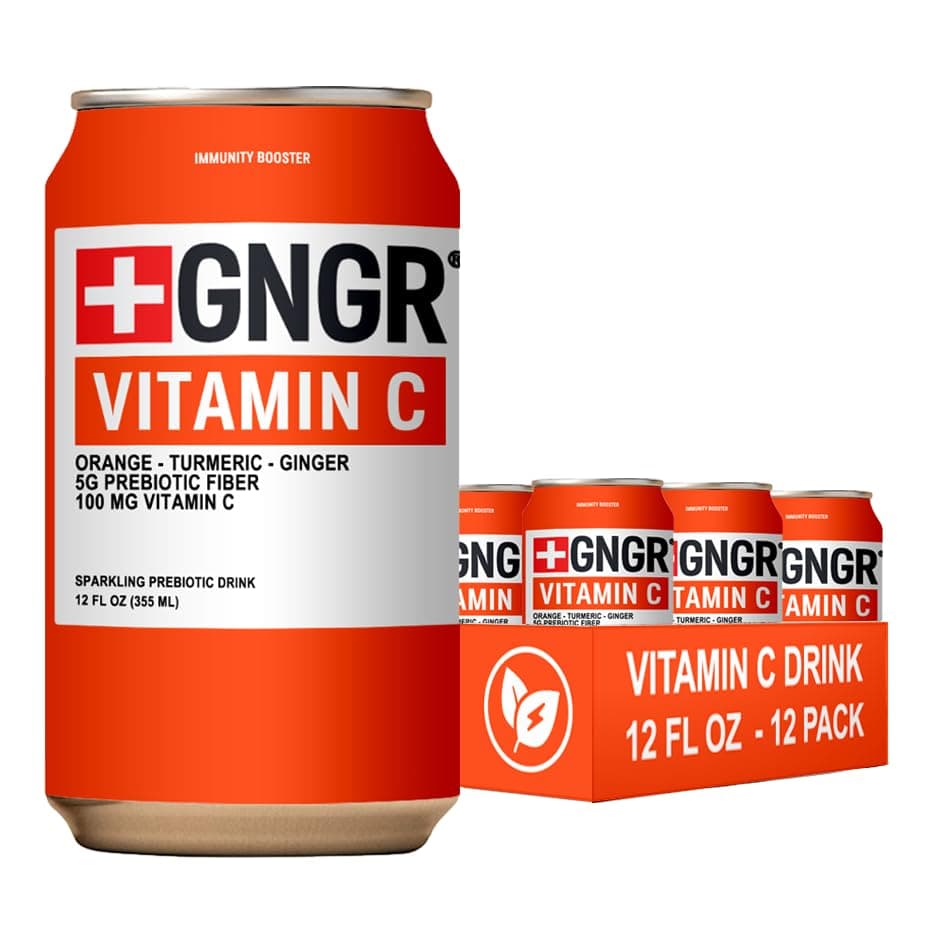 +GNGR Sparkling Vitamin C Prebiotic Drink - Caffeine free - 5g Prebiotic Fiber - Orange Juice - Ginger Juice - Turmeric - Acerola - Apple Cider Vinegar - Prebiotic Soda - Immunity (12 oz - 12 Pack)