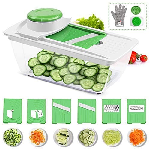 CORAFEI Spiralizer-Vegetable Cutter with 6 Interchangeable Stainless Steel Blades Kitchen Food Fruit Julienne Chopper Cheese Grater with Hand Protector and Glove