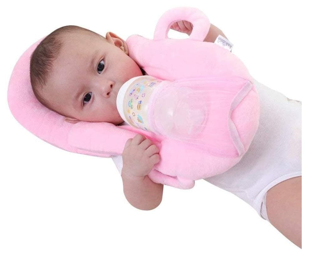 BESTIES New Born Baby Portable Self - Nursing Feeding Multi-Function Baby Cushion Infant Pillow with Baby Feeding Bottle Rack Holder (Feeding Pillow Pink)