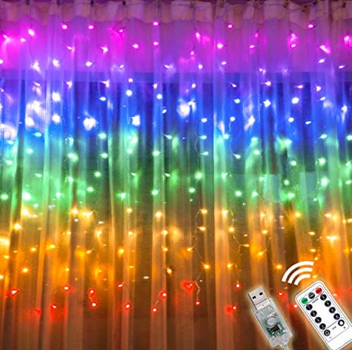 Rainbow Curtain Lights with Remote & 8 Lighting Modes, USB Powered Twinkle LED Fairy Curtain Light, Colorful Window Curtain String Light for Bedroom Girls Room Unicorn Room Wall Party Décor (Rainbow)