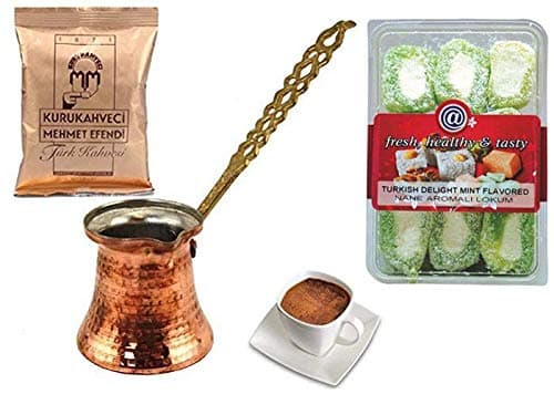 Turkish Cezve Copper Coffee Maker Pot with Metal Handle Medium - With Free Gift Mehmet Efendi - Turkish coffee 100g From UK