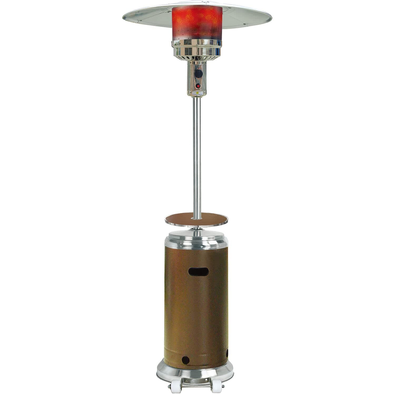 Hanover Outdoor 48,000 BTU Propane Umbrella Patio Heater 7 Feet Tall with Wheels, Push Button Start, and Adjustable Temperature for Backyard Events and Outdoor Entertaining, Bronze and Stainless Steel
