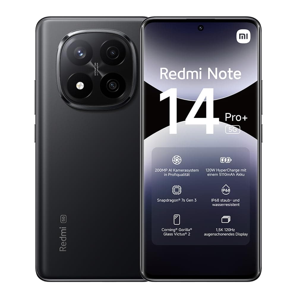 Xiaomi Redmi Note 14 Pro+ 5G smartphone, 12+512GB, black, 200MP pro-grade AI camera, IP68, 120W HyperCharge, AI features (no charger included), 2 year Warranty