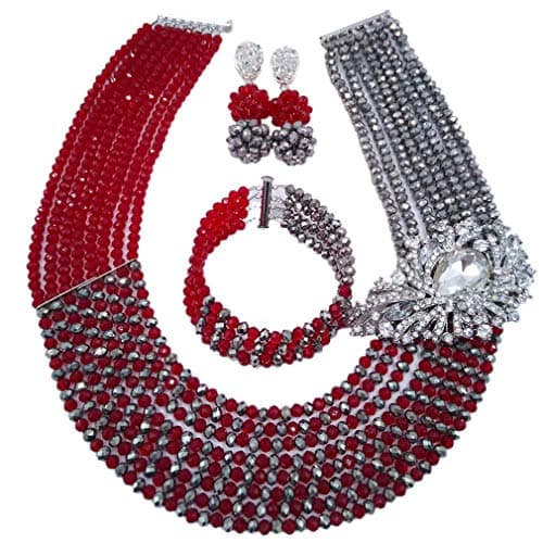 laanc Jewellery 8 Rows Red and Multicolor Gradient Crystal African Beads Nigerian Wedding Jewelry Sets