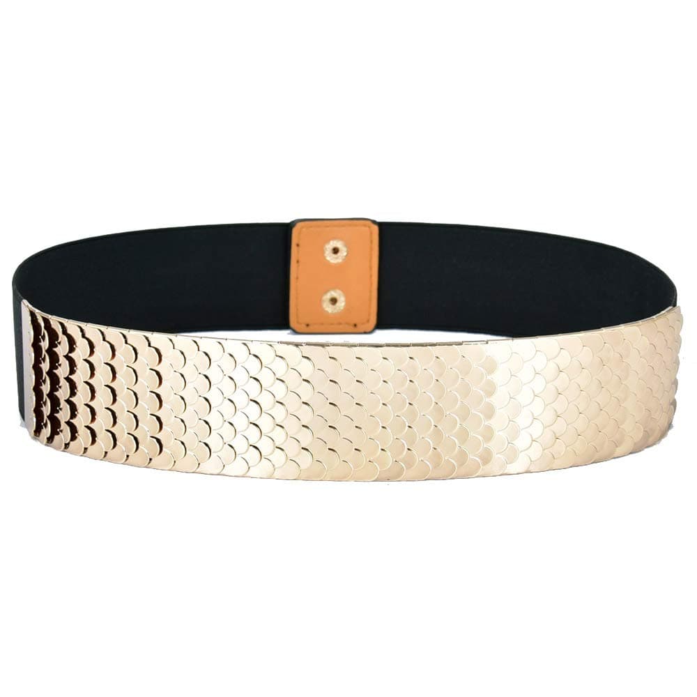 Fashion Women's Center-Scaled Texturized Metallic Stretch Belt Wide Elastic Waist Belt
