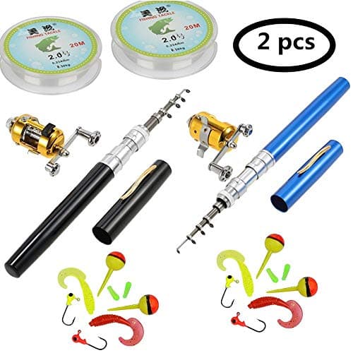 jatzde Portable Mini Telescopic Pen Fishing Rod Reel Combo Set —— Pocket Fishing Rod Pole + Reel Aluminum Alloy + Fishing Line + Soft Lures Set (2 pcs)