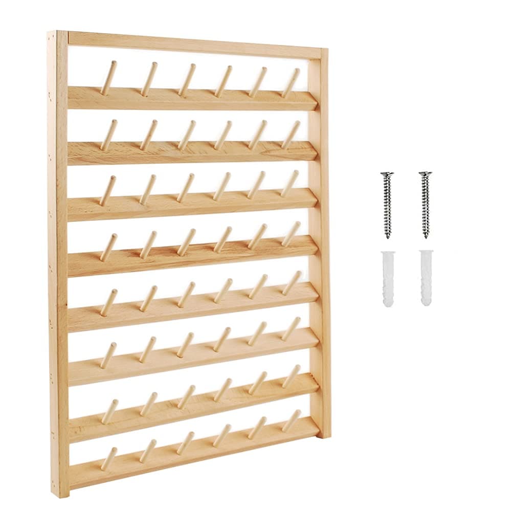 NW 48 Spools Wooden Thread Holder Sewing and Embroidery Thread Organizer for Sewing Thread Rack with Hanging Hooks for Wall