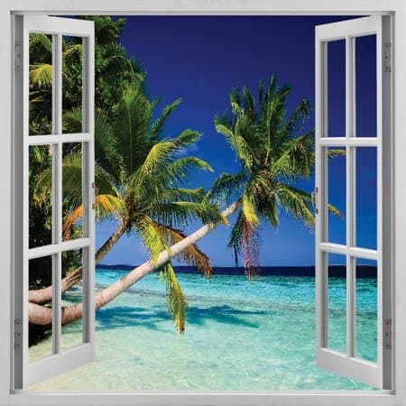 Easy Stick, Polyester Fabric, Beach View with Palm Trees, Medium Cubicle Window