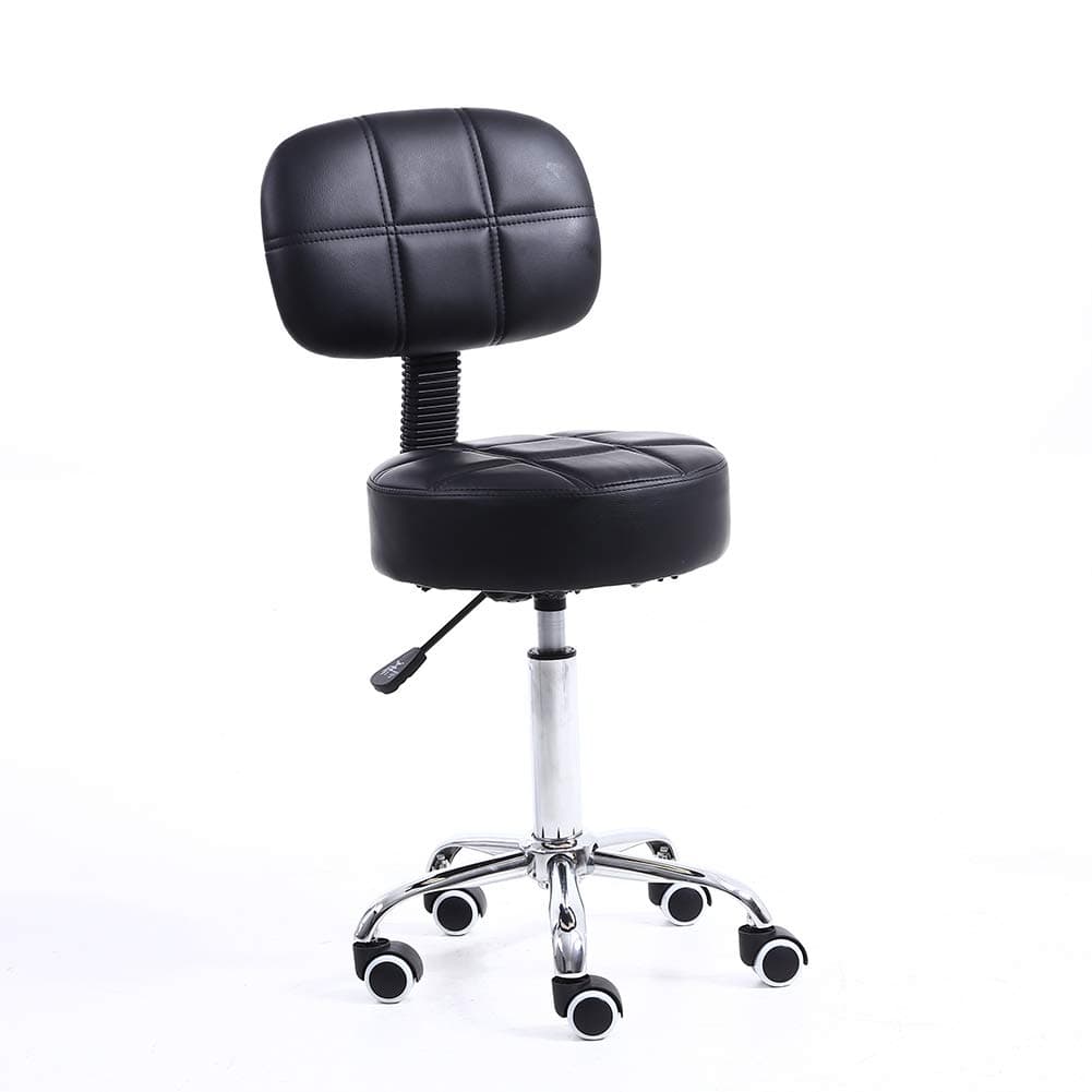 Round Rolling Stool with Back PU Leather Height Adjustable Swivel Drafting Work SPA Salon Stools Chair with Wheels (Black)