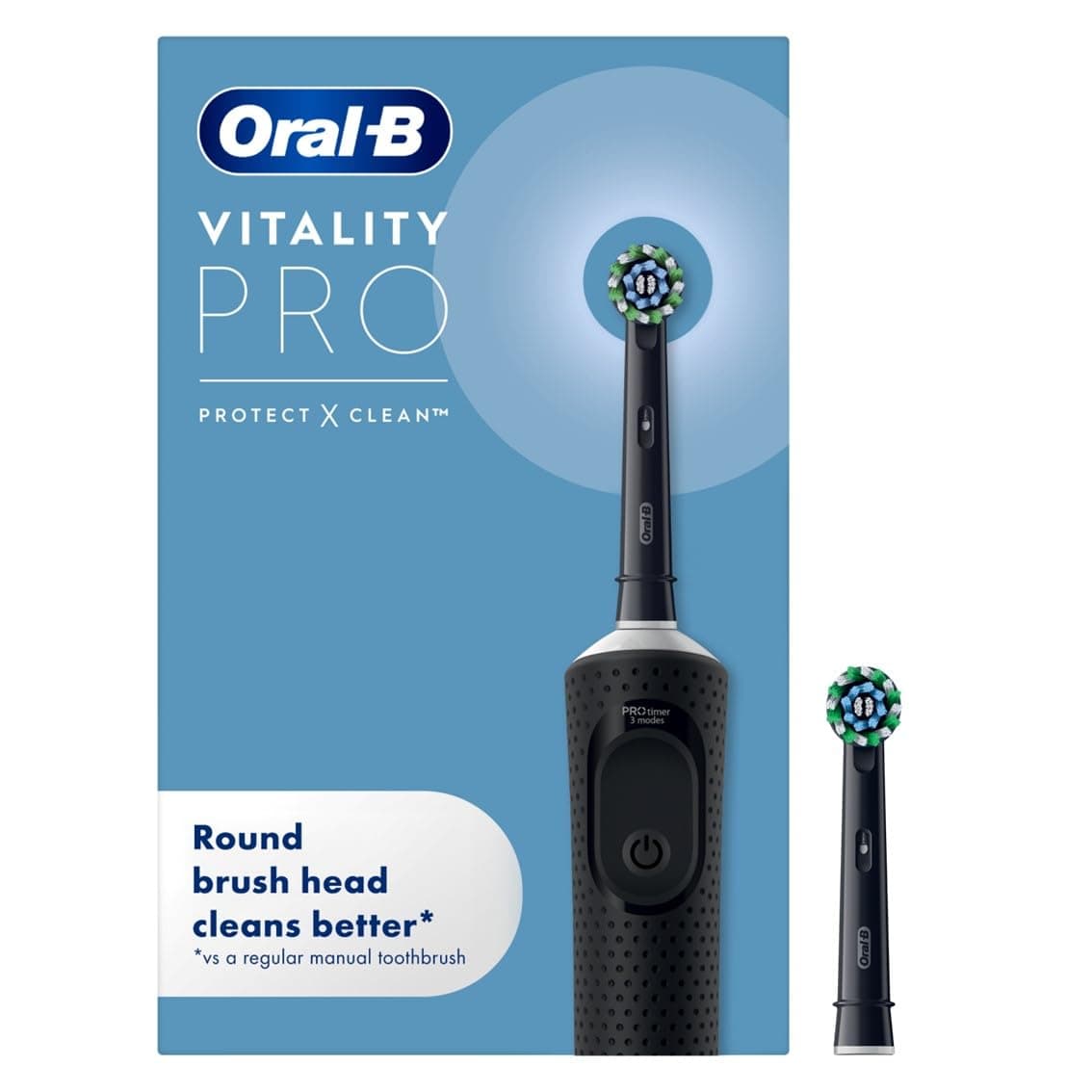 Oral-B Vitality Pro Electric Toothbrushes for Adults, for Him/Her, 1 Handle, 2 Toothbrush Heads, 3 Brushing Modes Including Sensitive Plus, 2 Pin UK Plug, Black