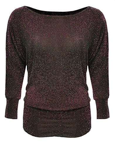 Ladies Plus Size Round Neck Lurex Sparkle Batwing Top Long Sleeve Party Womens Glitter Batwing Loose Top UK Size 14-28 Red