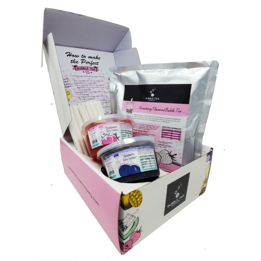Ultimate Bubble Tea Kit STRAWBERRY (30 Servings) - Featuring Blueberry and Strawberry Juice Pobbles and Paper Straws
