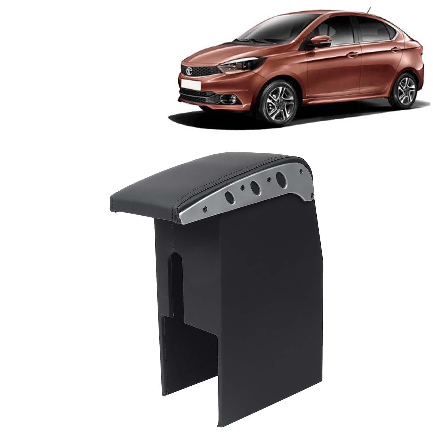 Kingsway Car Wooden Armrest Organizer Compatible with Tata Tigor (Year 2017 Onwards) - Vehicle Specific Fit Center Console, Black Color, Enhance Comfort and Storage Compartment, 1 Piece