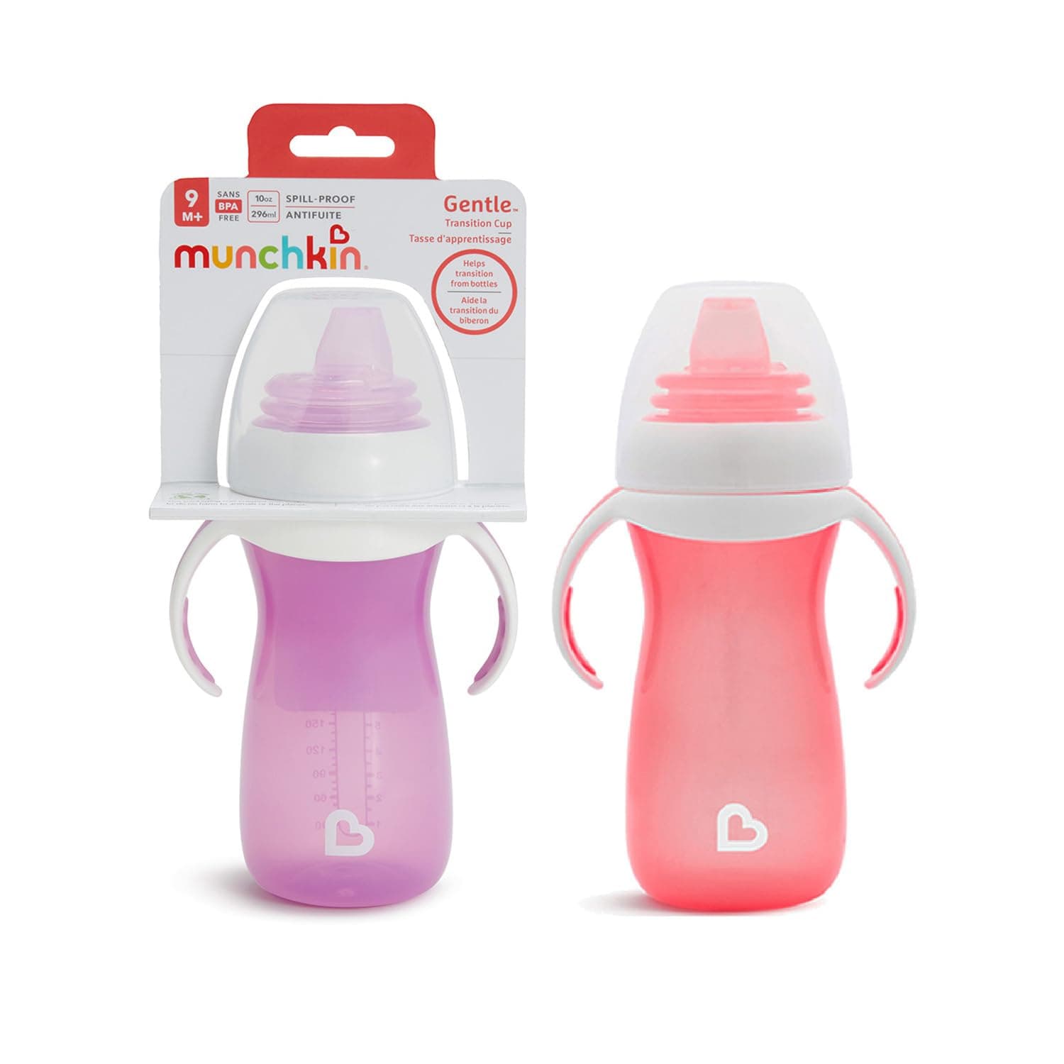Munchkin Gentle Transition Baby Bottles | Babies and Toddler Bottle with Handles and Lids| Kids Water Bottle with Spout |Non Spill | Baby Led Weaning | for 9+ Months| 2 pack | 10oz/296ml | Pink/Purple
