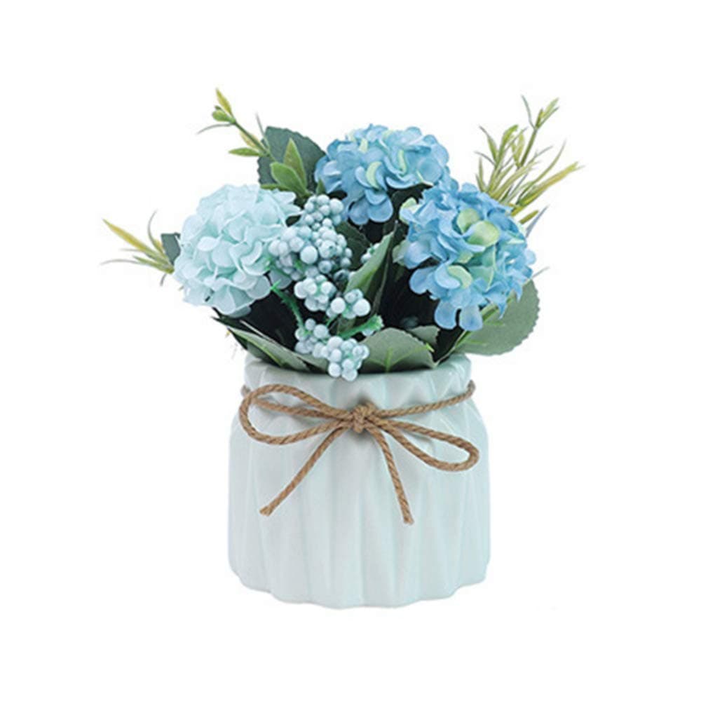 Fake Hydrangeas with Pot, Mini Hydrangea Artificial Flowers Artificial Plant in Ceramic Vase for Office Desktop Decorations (Blue)