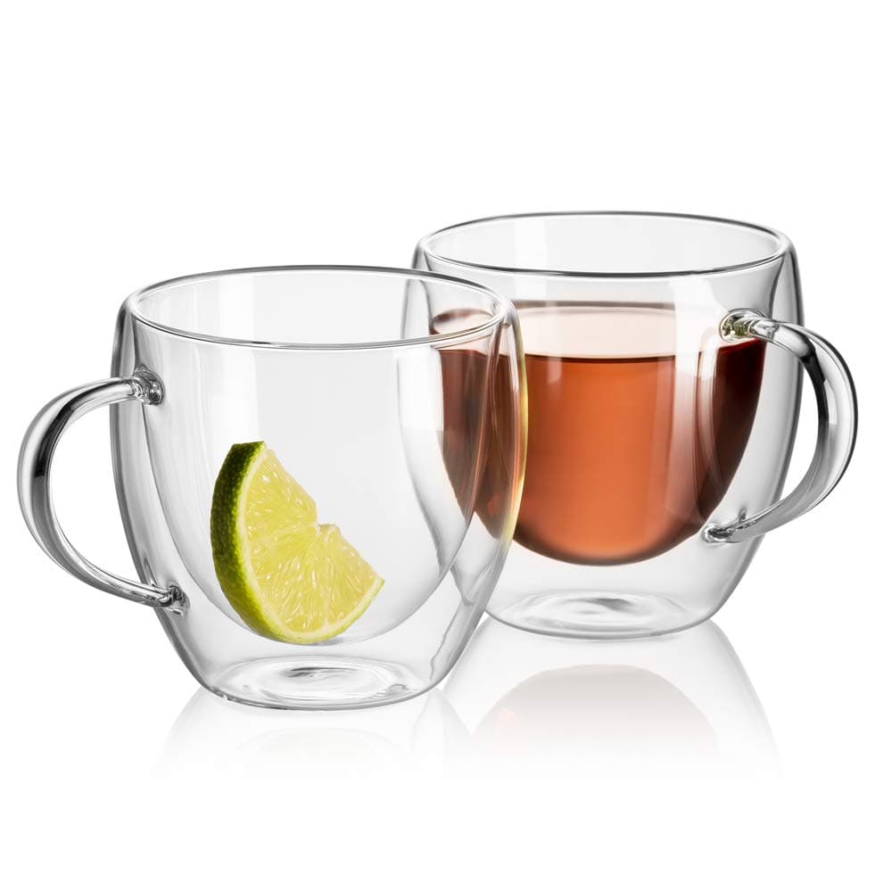 Tea Cups - Double Walled Insulated Glass Set of 2, 8 oz, Glass Coffee Cup,Dishwasher. Microwave, freezer with NO RISK.