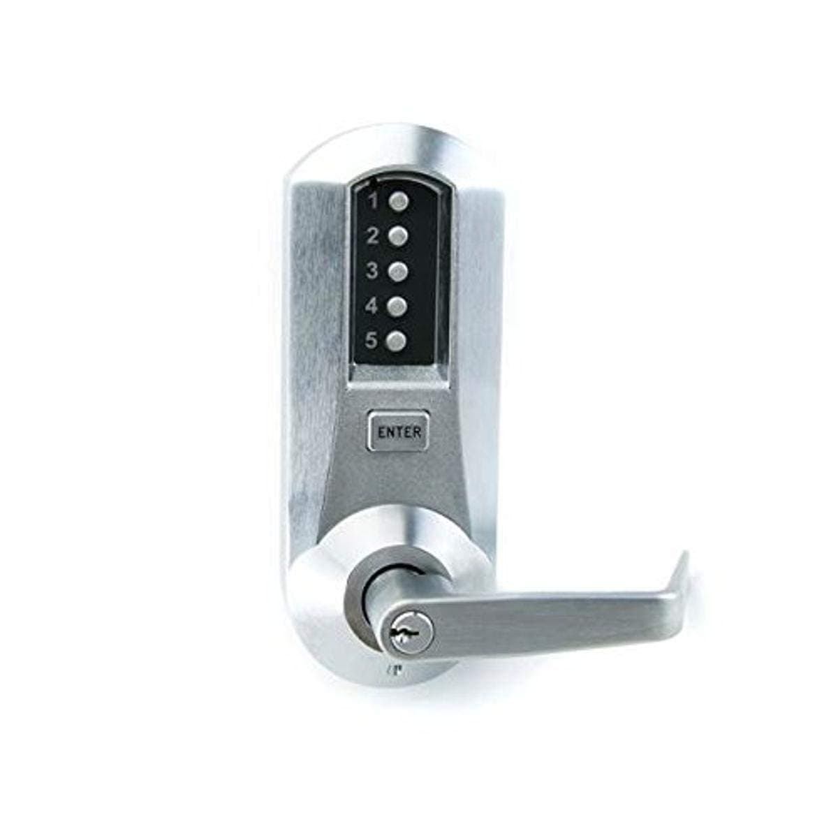 5021XSWL26D Kaba 5000 Series Cylindrical Mechanical Pushbutton Lock, 13mm Throw Latch, Floating Face Plate, 70mm Backset, Kaba Cylinder (Schlage"C" Keyway) Included, Winston Lever, Satin Chrome Finish