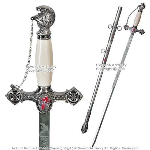33.5" Fraternity Masonic Ceremonial Knights Templar Sword with Red Cross Metal Ring Mason Crusader Antique Silver