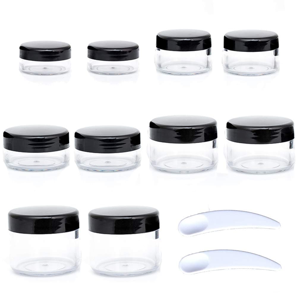 ZEJIA 10pcs Small Travel Containers, Black Sample Jars with Screw Lids, 5 Size 3/5/10/15/20 Gram, 12pcs Labels and 2pcs Mini Disposable Spatula, Makeup Sample Containers BPA Free