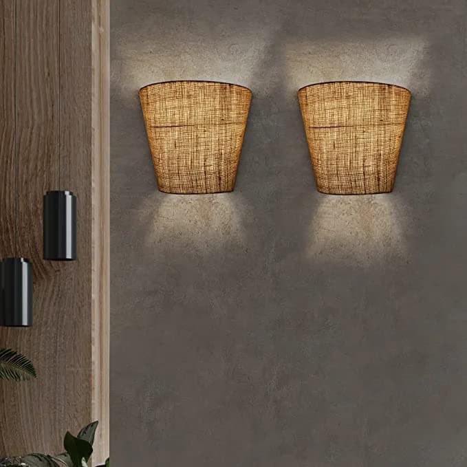 - Handicraft Jute Conical Wall Lamp Shade Pendant Lighting | Fabric Shade | Hanging Light Fixture | Holder and Wire Plug-in Wall Sconce Lighting | On/ Off Switch | Wall Mounted Lamps | D Shade | Pack of 2 | COLOUR BROWN