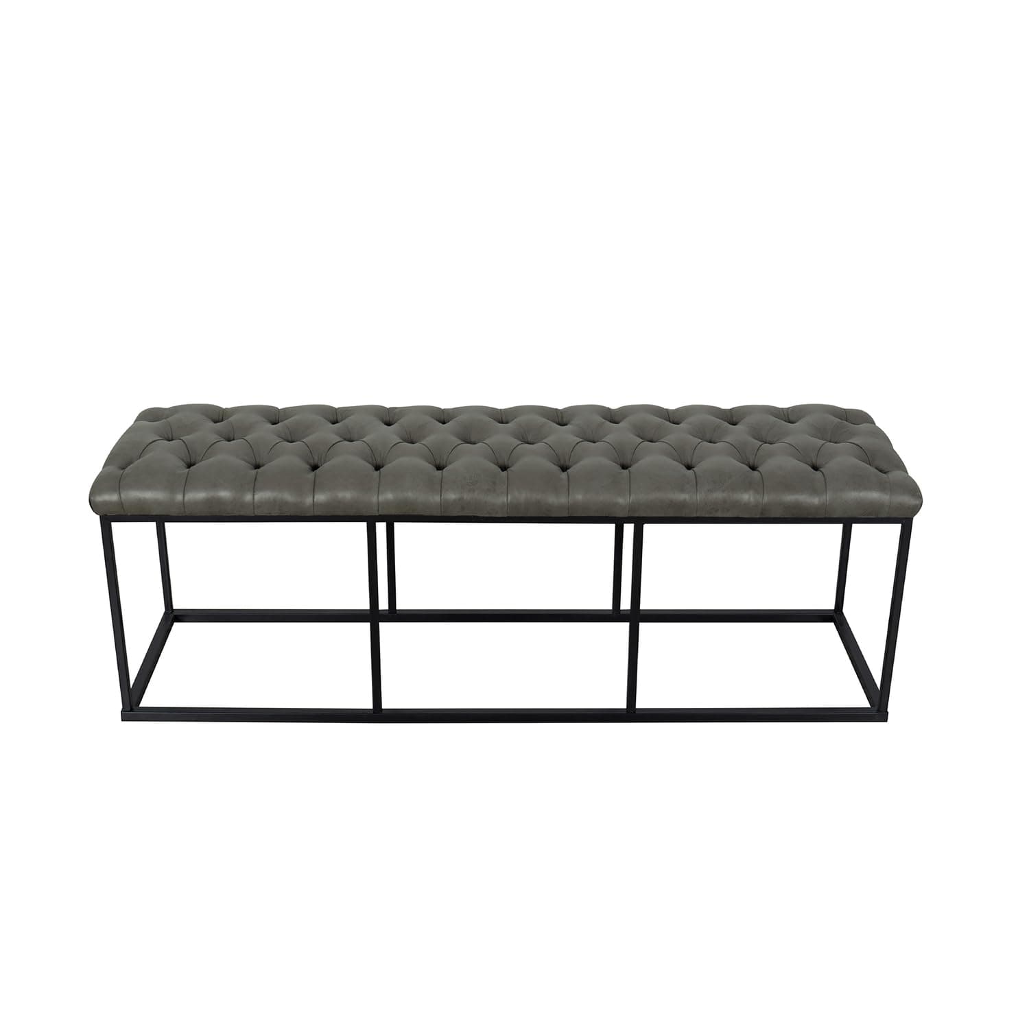 Upholstered Button Tufted Decorative Bench with Metal Base, Gray Faux Leather