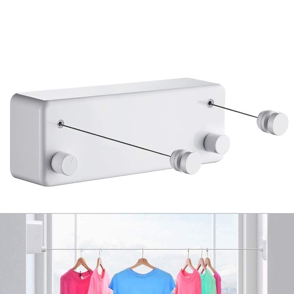 JOOM Retractable Clothesline Indoor Outdoor Heavy Duty Stainless Steel Line Wall Mounted Laundry line for Bathroom Hotel Style Clothesline 13.8 Feet with ABS Case+ Aluminum(d White)