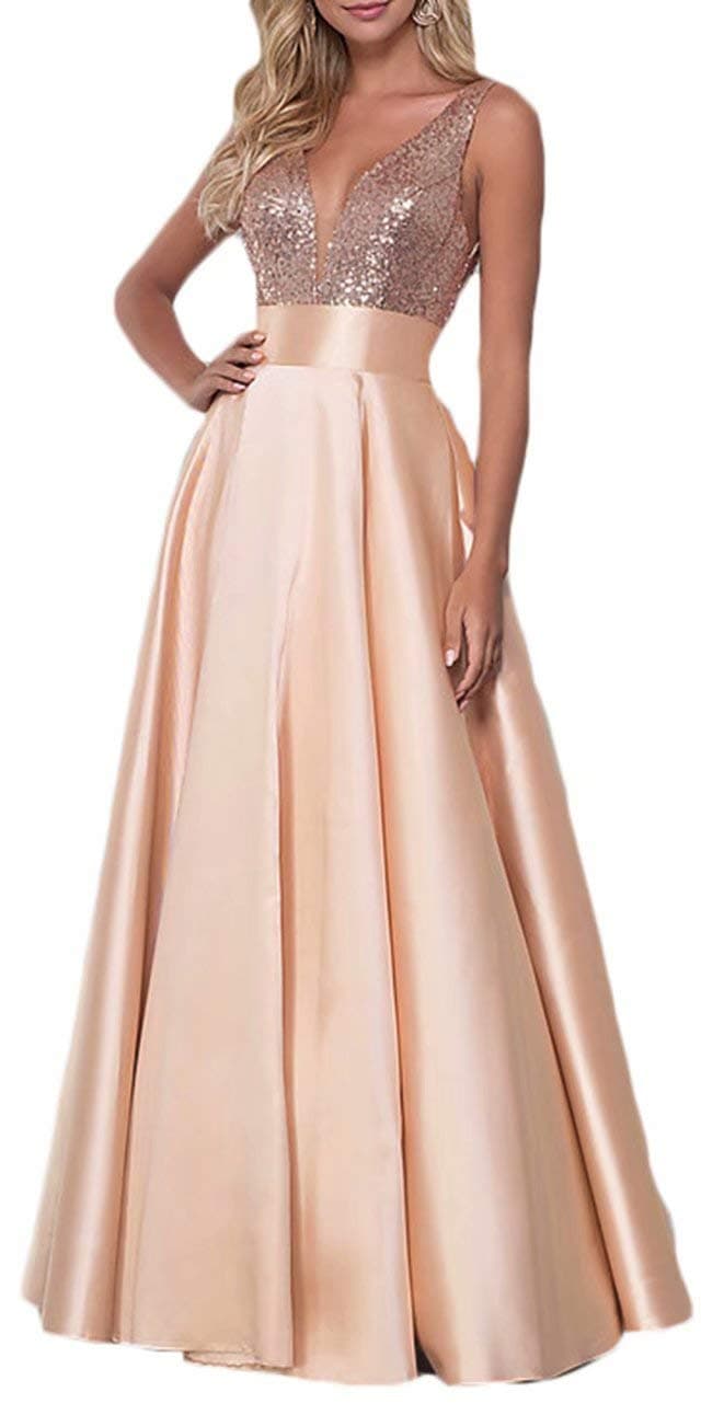 V Neck Prom Dresses Sequins Satin 2025 New Long Formal Evening Dresses Ball Gowns for Women with Pockets