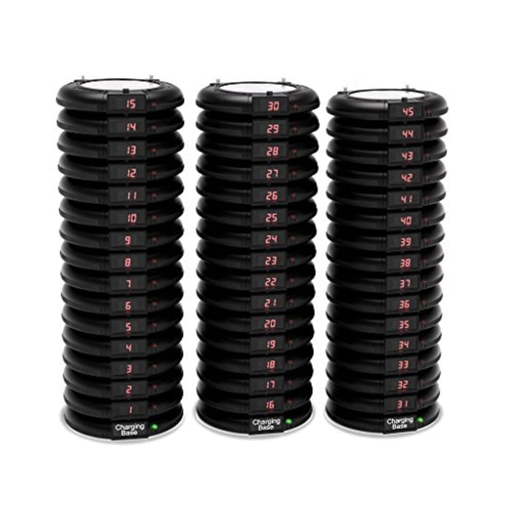Complete Coaster Paging System for Restaurants, Hospitals & Hotels | Consists of: 1 Transmitter, 3 Charging Bases & Long Range Pagers (Set of 45 Units) | Up to 2 Miles Range by PagerTec