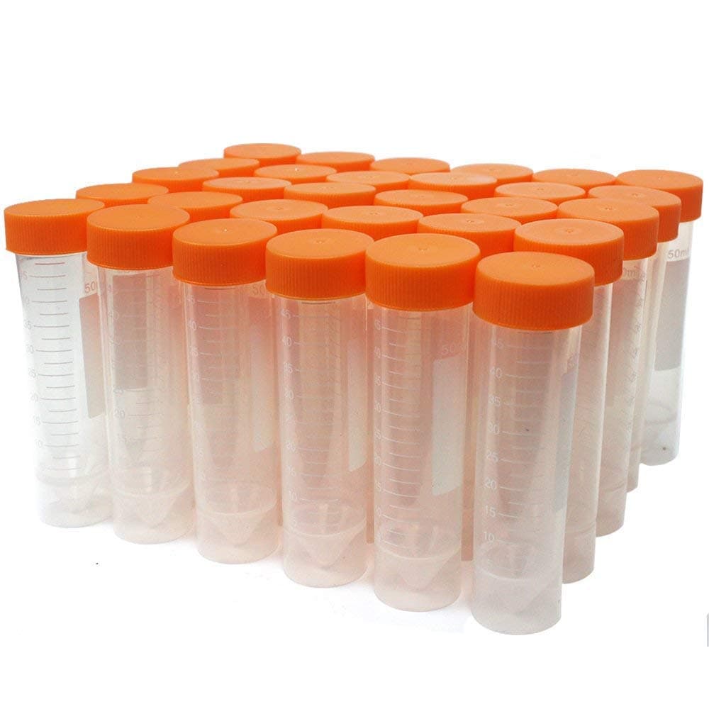 APLANET 30pcs 50ml Flat-Bottom Plastic Graduated Vial Tube with Screw Cap