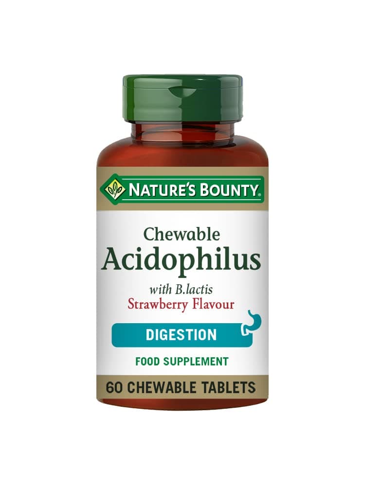 Nature's BountyChewable Acidophilus with B. lactis Strawberry Flavour Tablets - Pack of 60 Chewable Tablets - 1 Billion Active Cultures per Tablet - Suitable for vegetarians and vegans