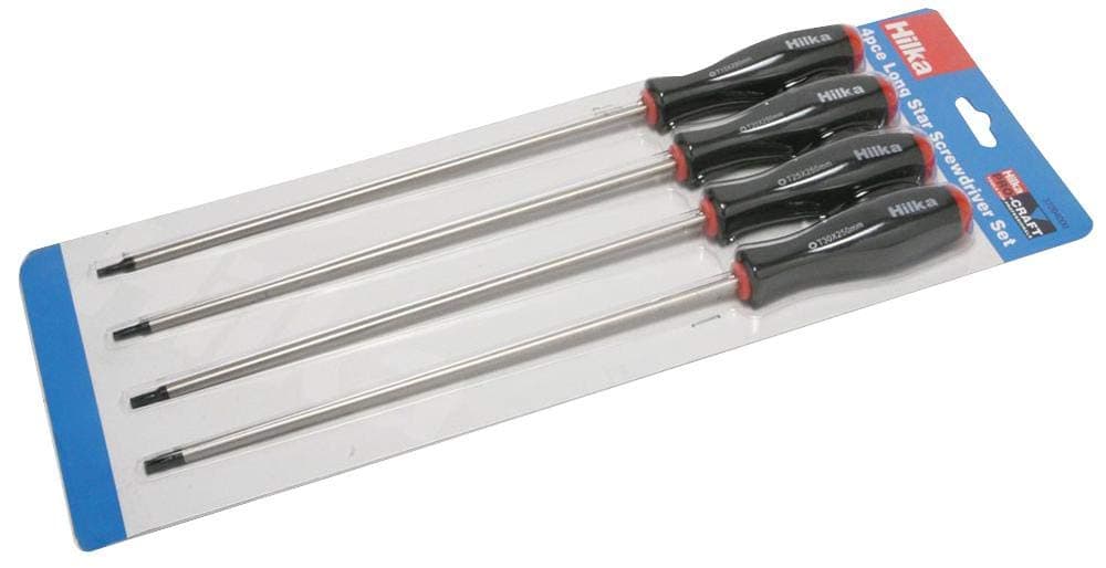 Long Tx Star Screwdriver Set - 4 Pc, Kit Contents T15 x 250mm, T20 x 250mm, T25 x 250mm and T30 x 250mm, External Depth 450mm, External Width 160mm, Height 30mm, Weight 0.55kg, Sets Screwdrivers