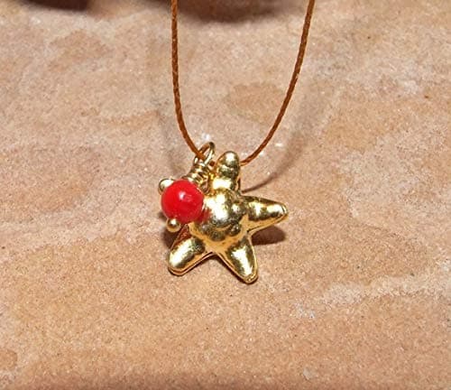 24k Gold Dipped Fine Silver Starfish and Red Coral Intention Pendant, Minimalist Cord Necklace