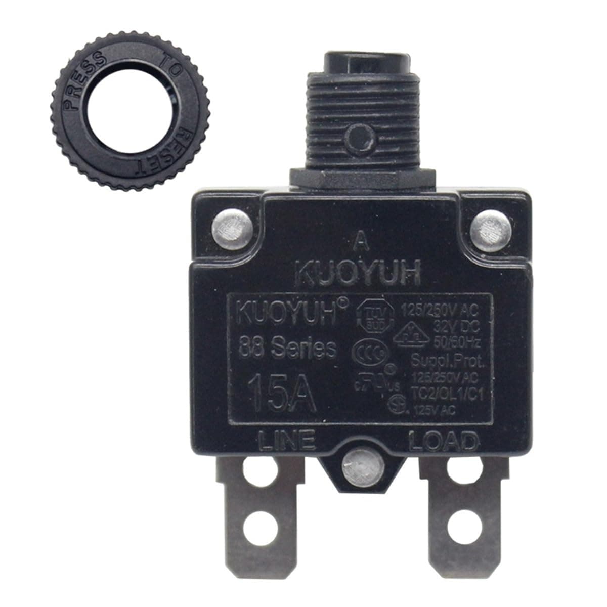 Genuine KUOYUH 15A 88 Series Circuit Breaker 125/250VAC 50/60Hz Push-to-Reset (15A)