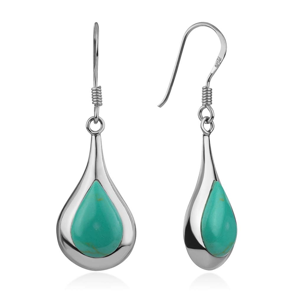 925 Sterling Silver Inlay Puffed Teardrop Shaped Blue Turquoise Dangle Hook Earrings 1.4 Inches