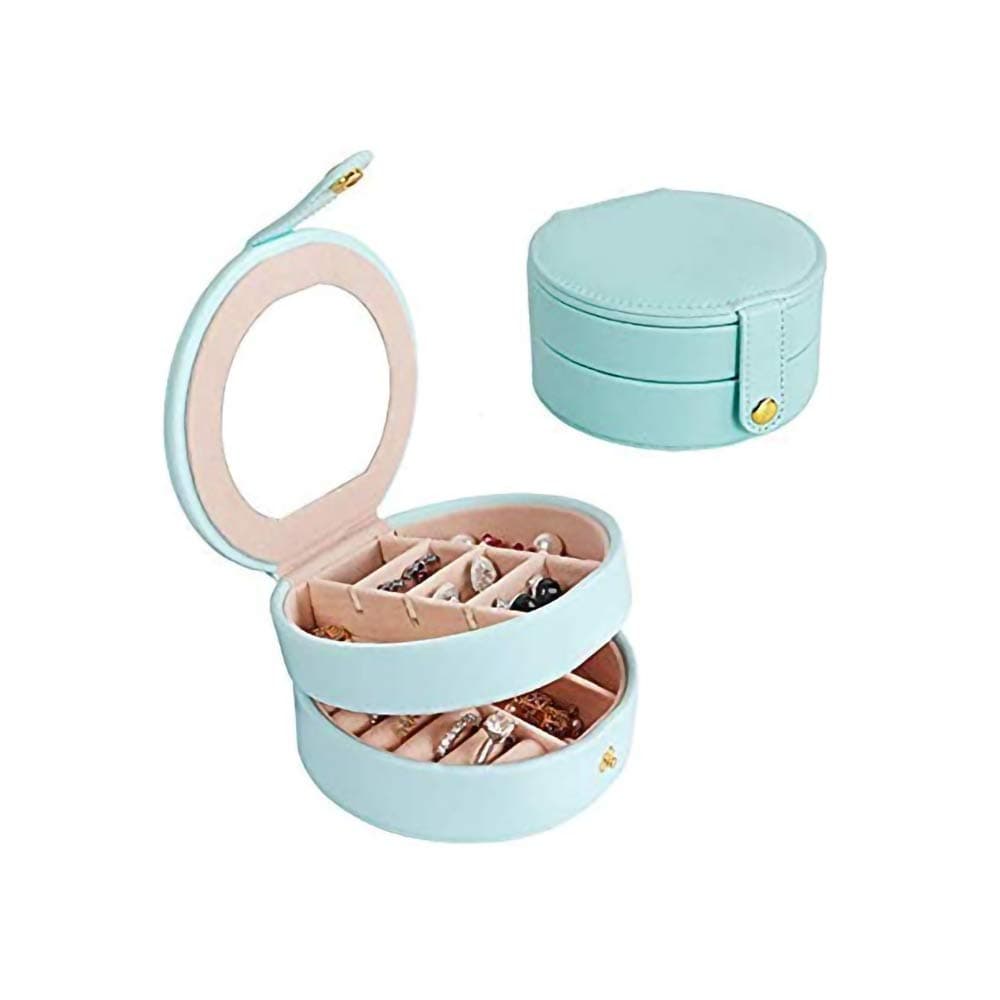 FullgadenTravel Jewelry Organizer Box with Mirror PU Leather Multi-Layer Portable for Earring,Lipstick,Necklace,Bracelet,Rings, Light Blue