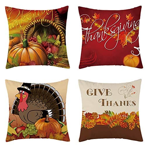 Set of 4 Thanksgiving Turkey Fall Throw Pillow Cover, Soft Flannel Autumn Decorative Pillow Case Cushion Cover for Couch and Sofa 18x18 Inch