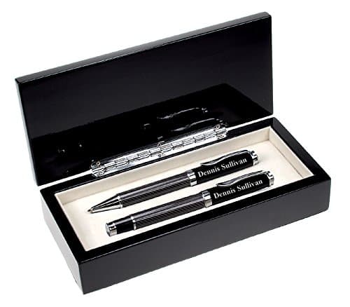 Executive Gift Shoppe Personalized Black Glass Ballpoint & Rollerball Pen Set | Custom Engraved Double Pen Set with Carbon Fiber Box